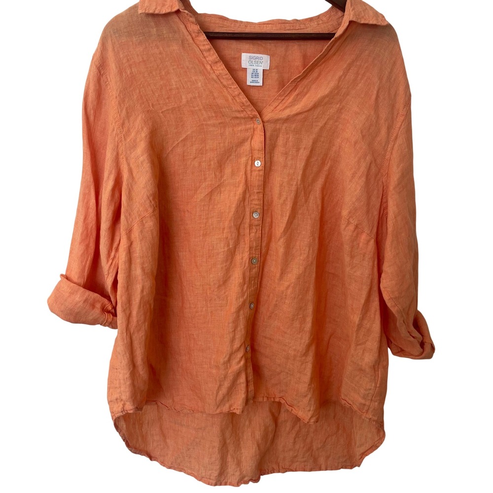 Sigrid Olsen Orange Linen Button Down Roll Tab Sleeve Shirt Size 2X Coastal